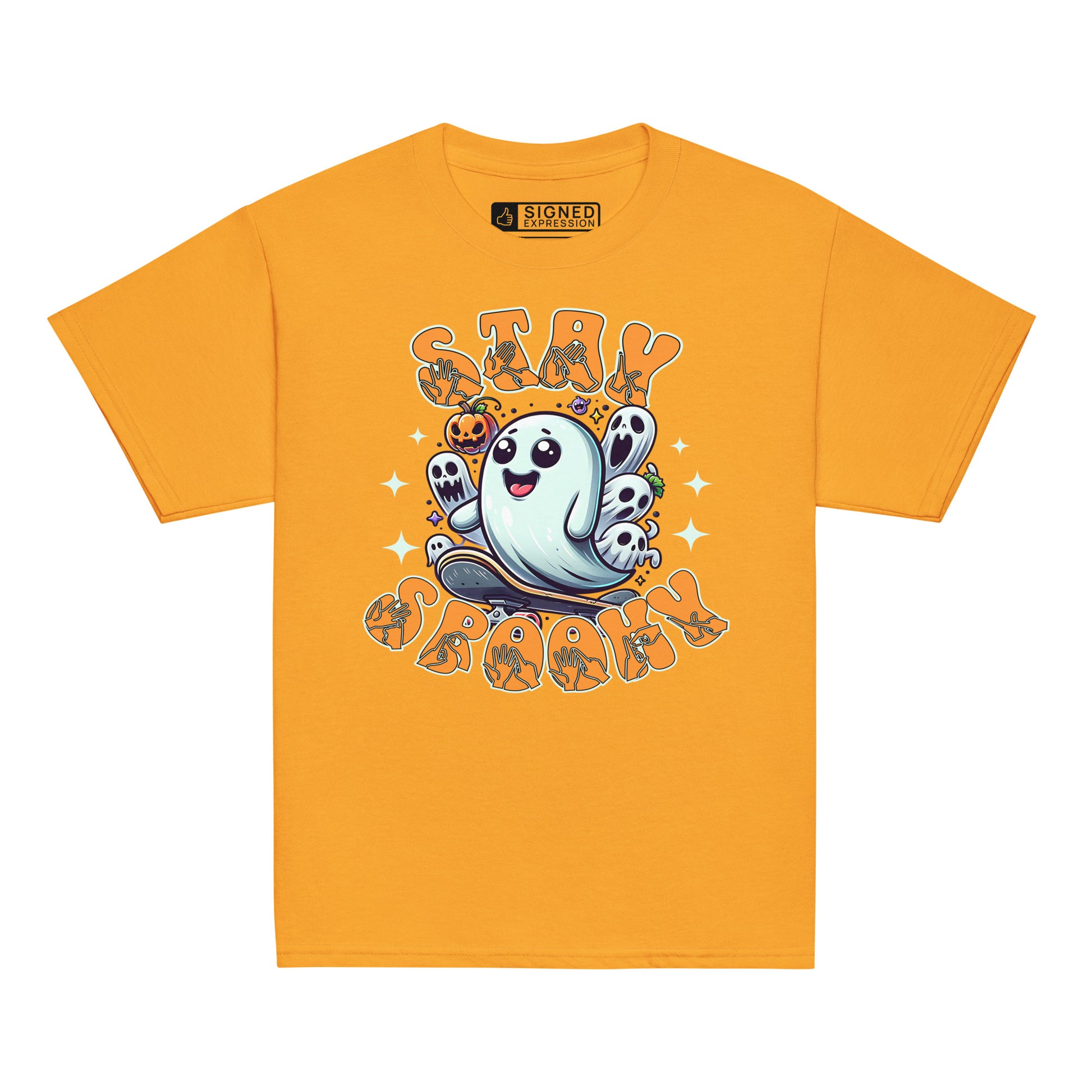 Gold coloured kids Halloween t-shirt with BSL design and skateboarding ghost.