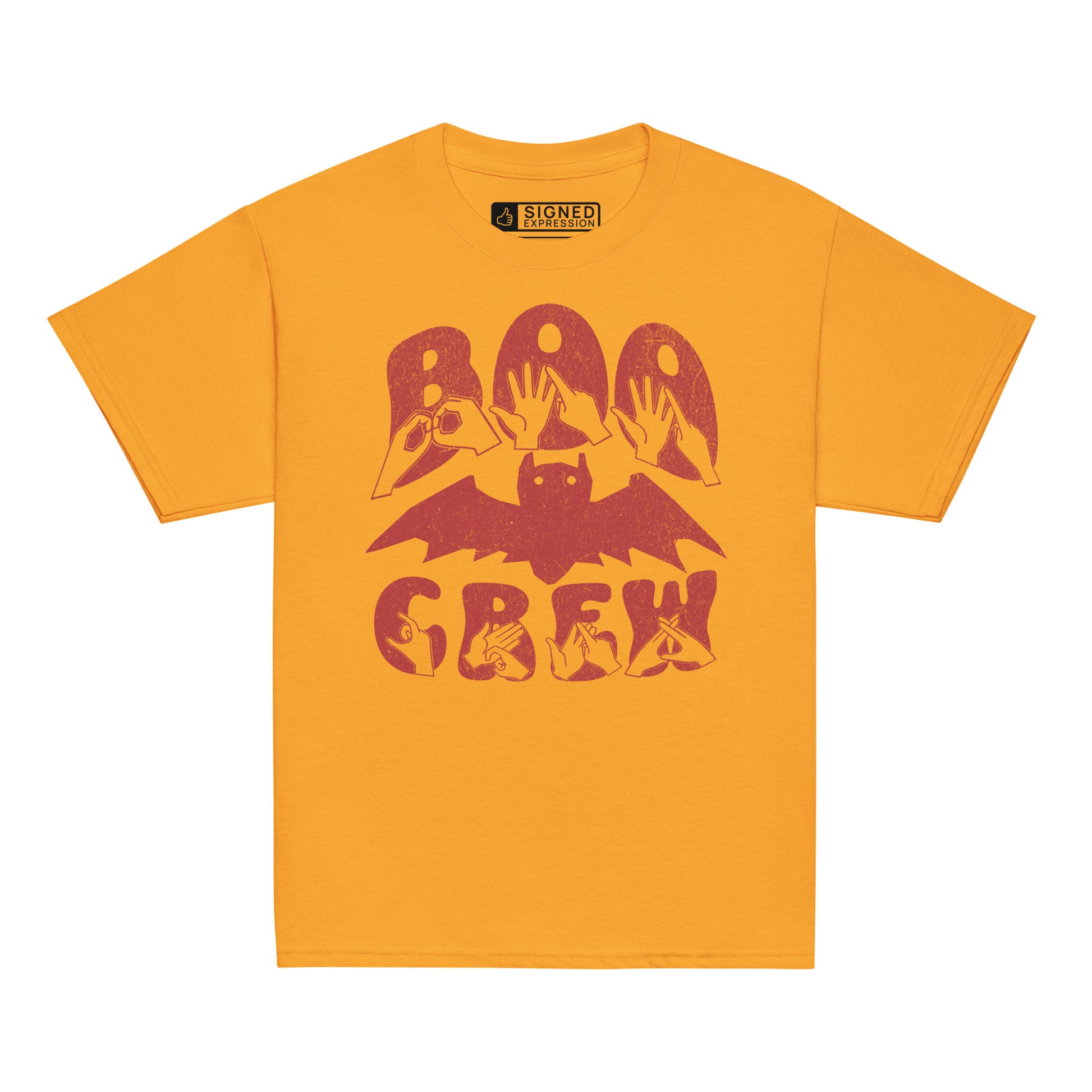 Gold coloured kids Boo Crew bat Halloween t-shirt with BSL design.