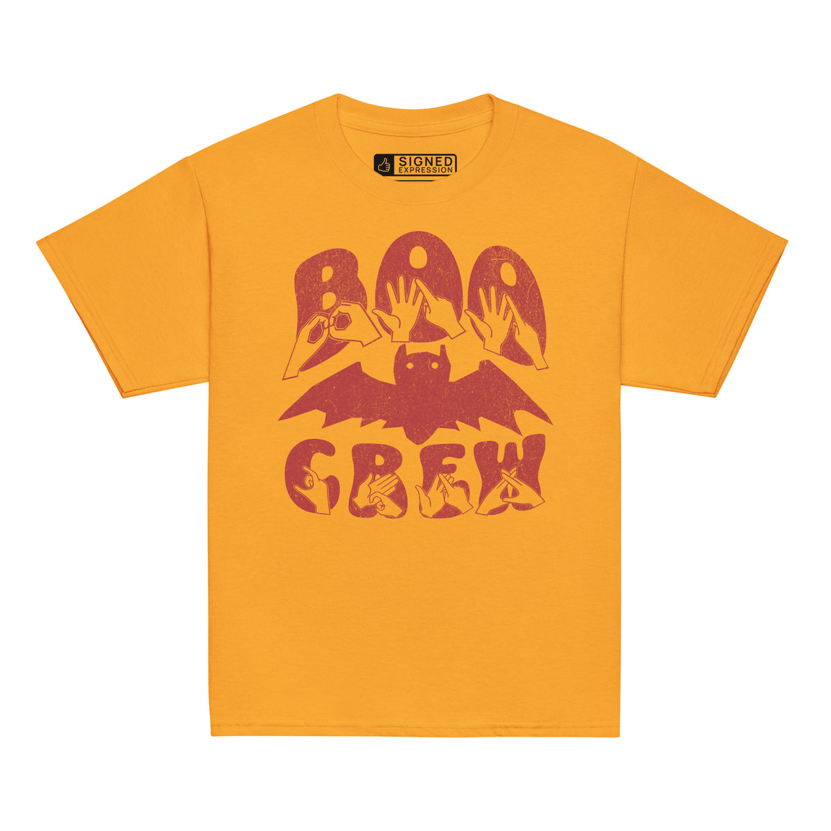 Gold coloured kids Boo Crew bat Halloween t-shirt with BSL design.