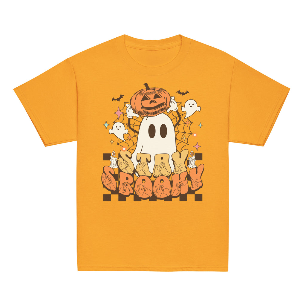 Gold coloured kids Stay Spooky ghost pumpkin Halloween t-shirt with BSL design.