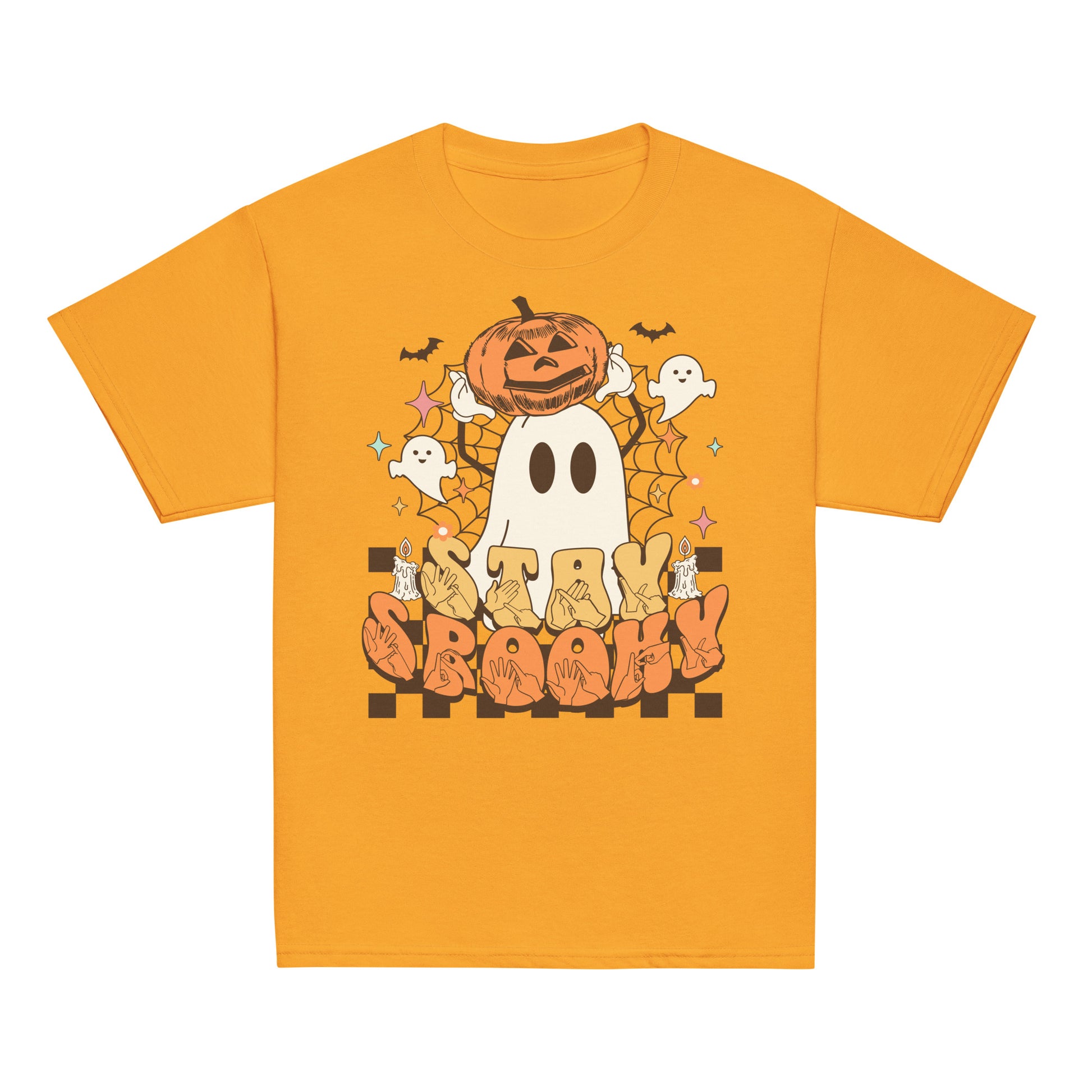 Gold coloured kids Stay Spooky ghost pumpkin Halloween t-shirt with BSL design.