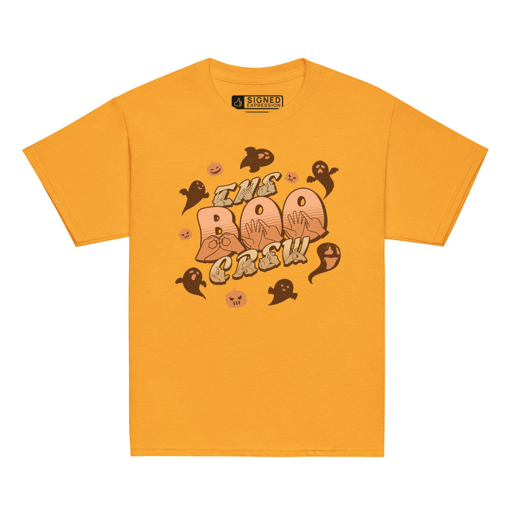 Gold coloured kids Boo Crew Halloween t-shirt with pumpkins, ghosts, and BSL design.