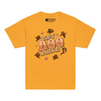 Gold coloured kids Boo Crew Halloween t-shirt with pumpkins, ghosts, and BSL design.