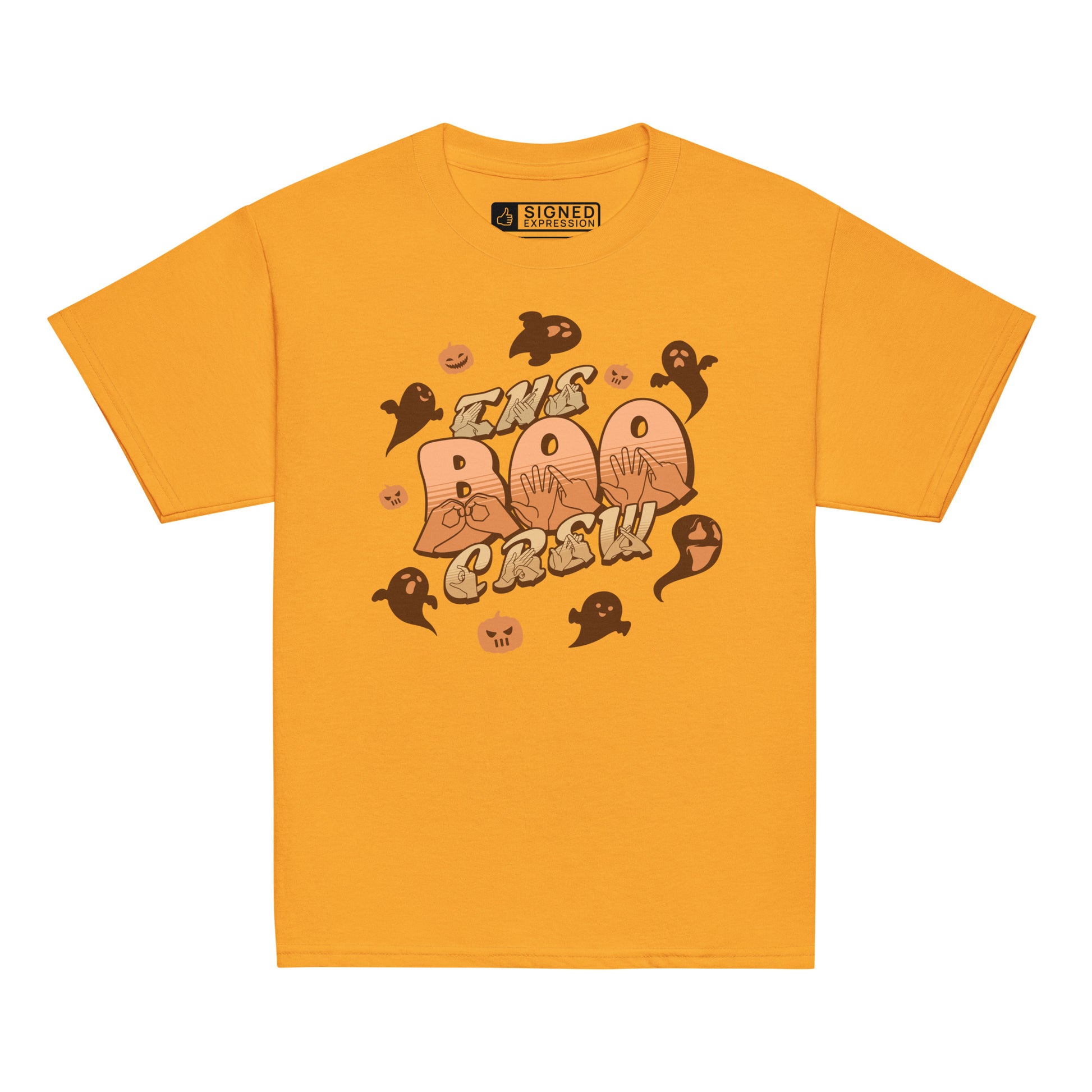 Gold coloured kids Boo Crew Halloween t-shirt with pumpkins, ghosts, and BSL design.