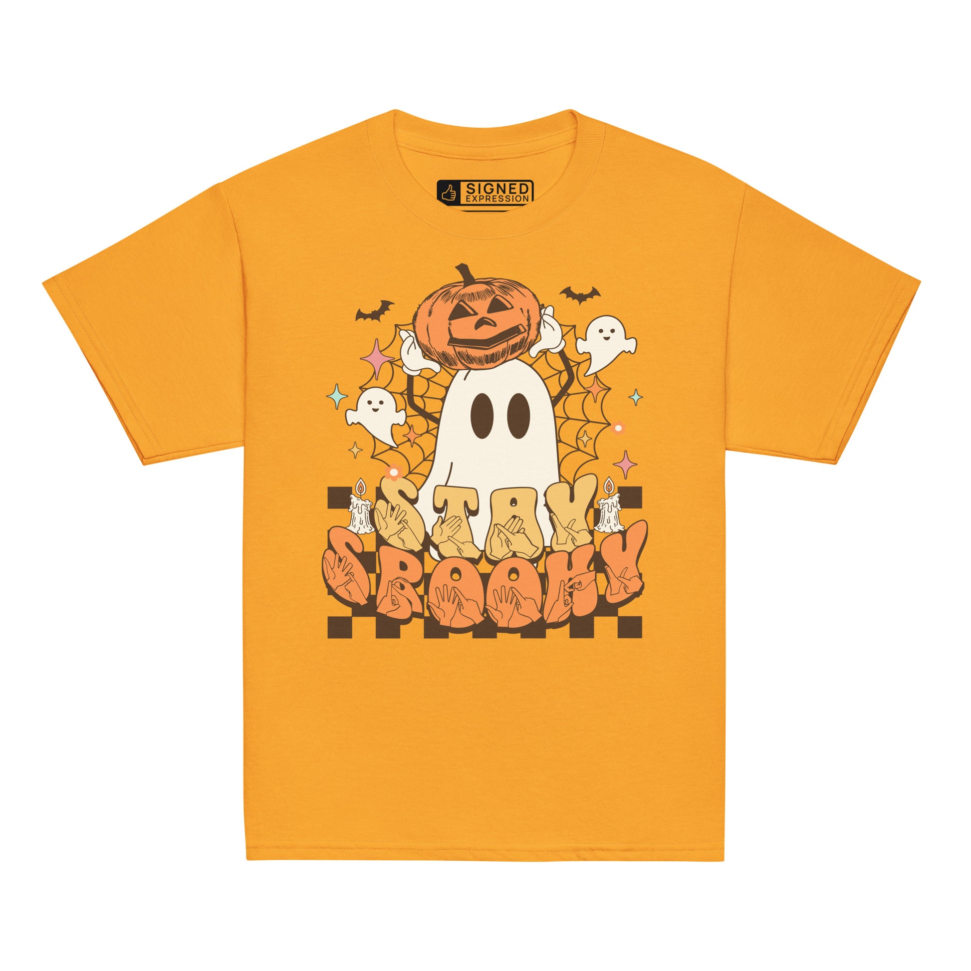 Gold coloured kids Stay Spooky ghost pumpkin Halloween t-shirt with BSL design.