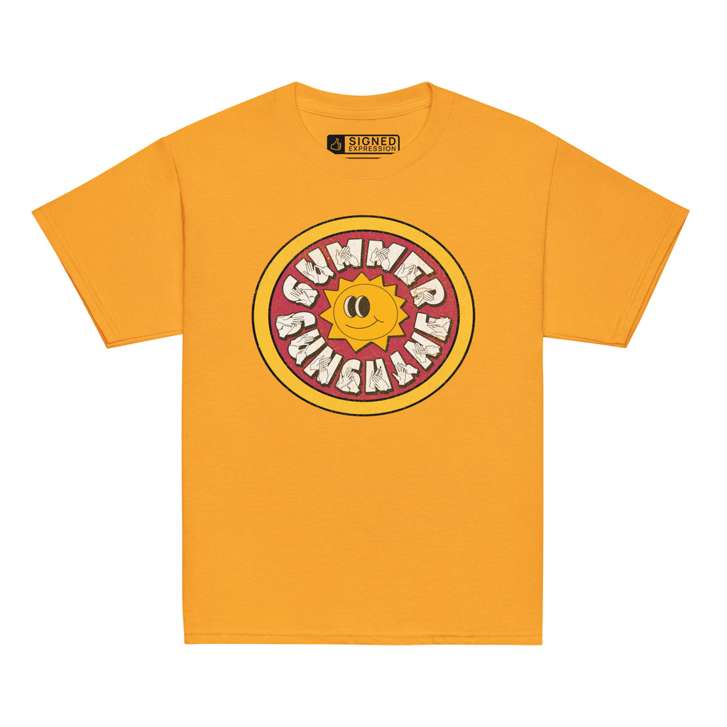 Gold t-shirt with a sun graphic and 'Summer Sunshine' text
