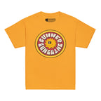 Gold t-shirt with a sun graphic and 'Summer Sunshine' text