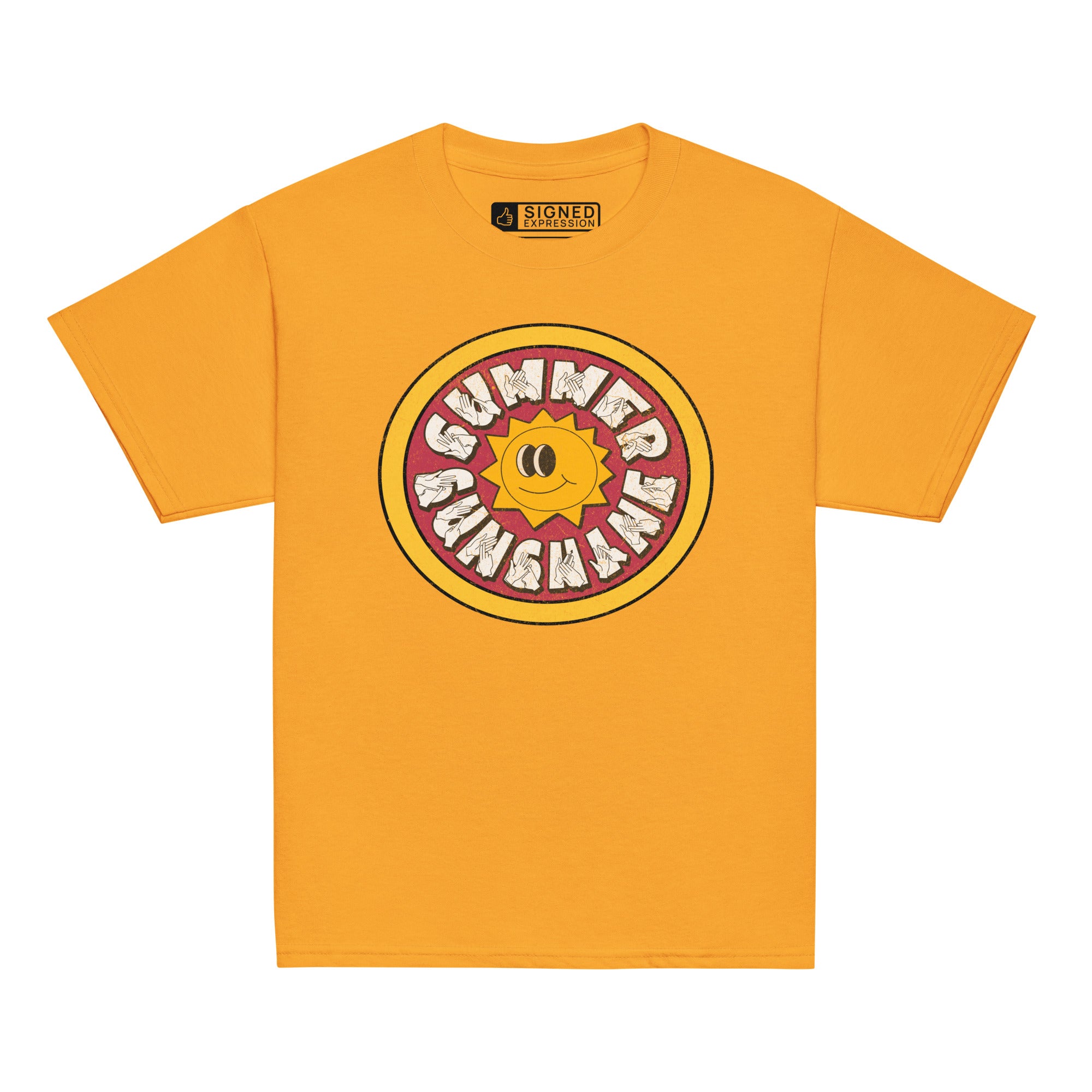 Gold t-shirt with a sun graphic and 'Summer Sunshine' text