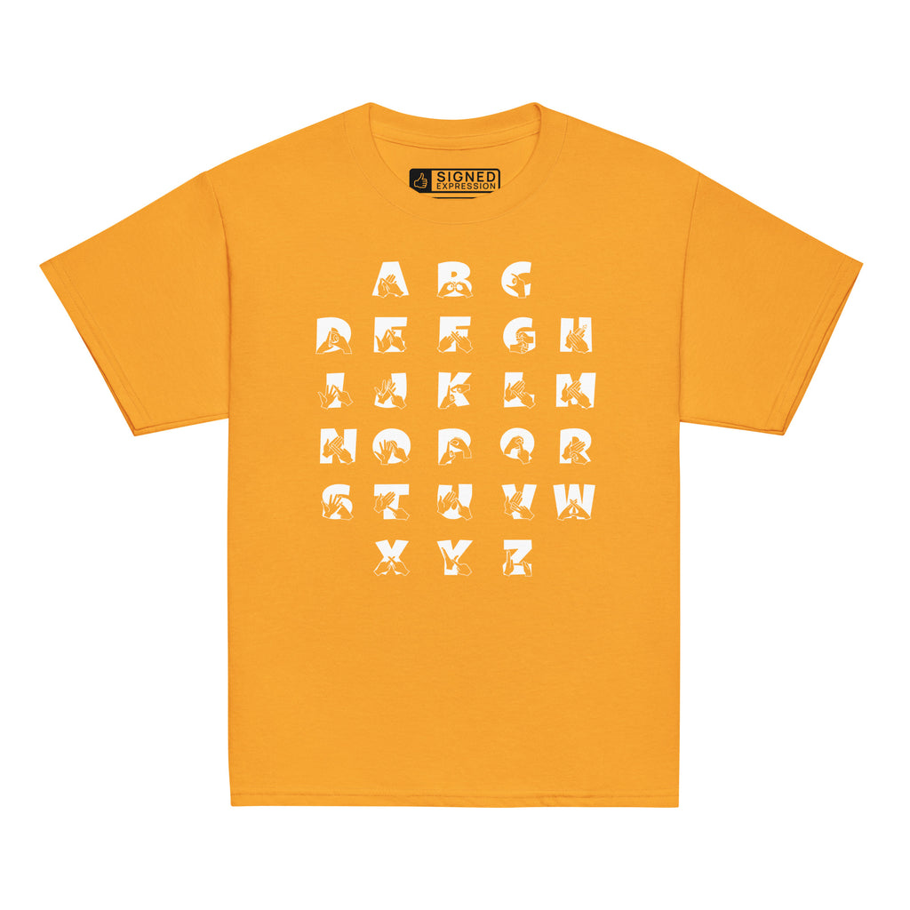 Front view of a goal t-shirt with BSL Alphabet - White Fingerspelling & Text