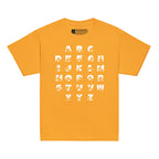 Front view of a goal t-shirt with BSL Alphabet - White Fingerspelling & Text