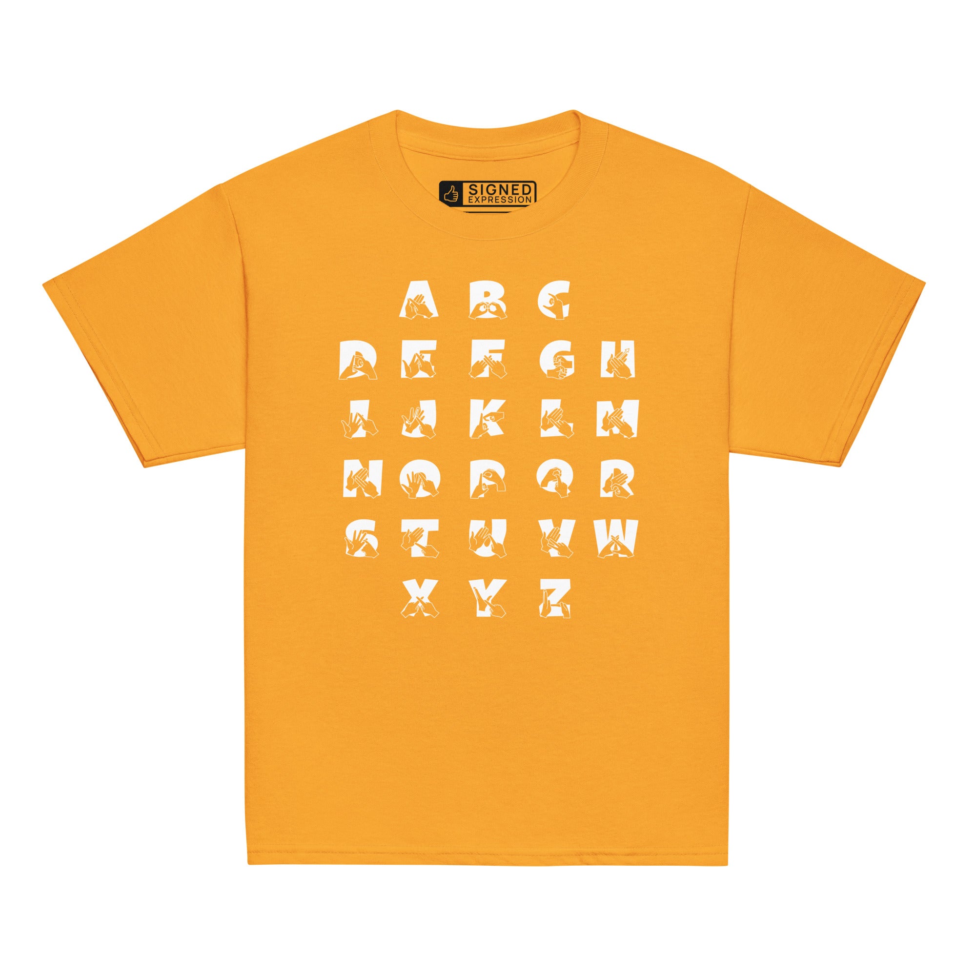 Front view of a goal t-shirt with BSL Alphabet - White Fingerspelling & Text