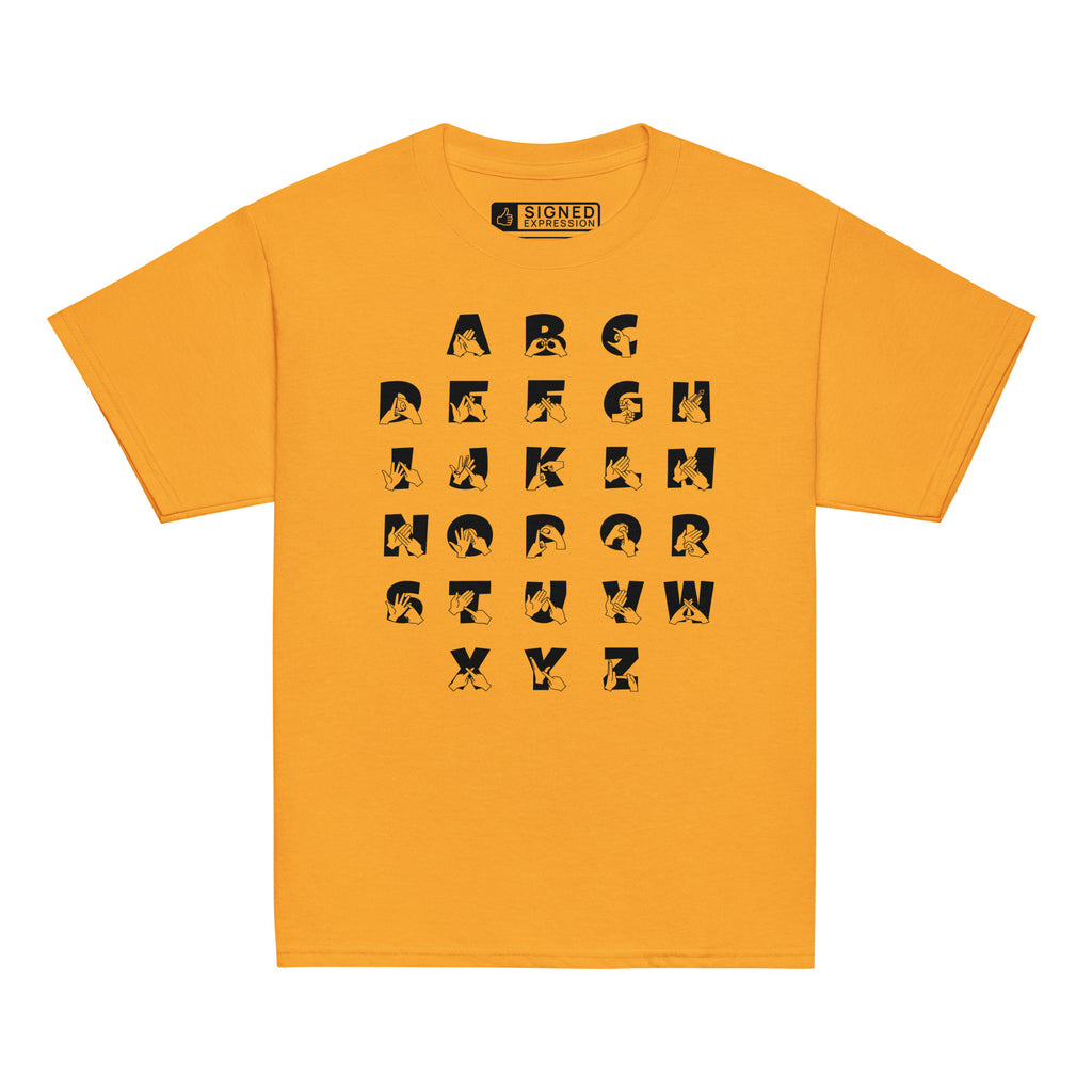 Front view of a gold t-shirt with BSL Alphabet - Black Fingerspelling & Text