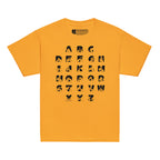 Front view of a gold t-shirt with BSL Alphabet - Black Fingerspelling & Text