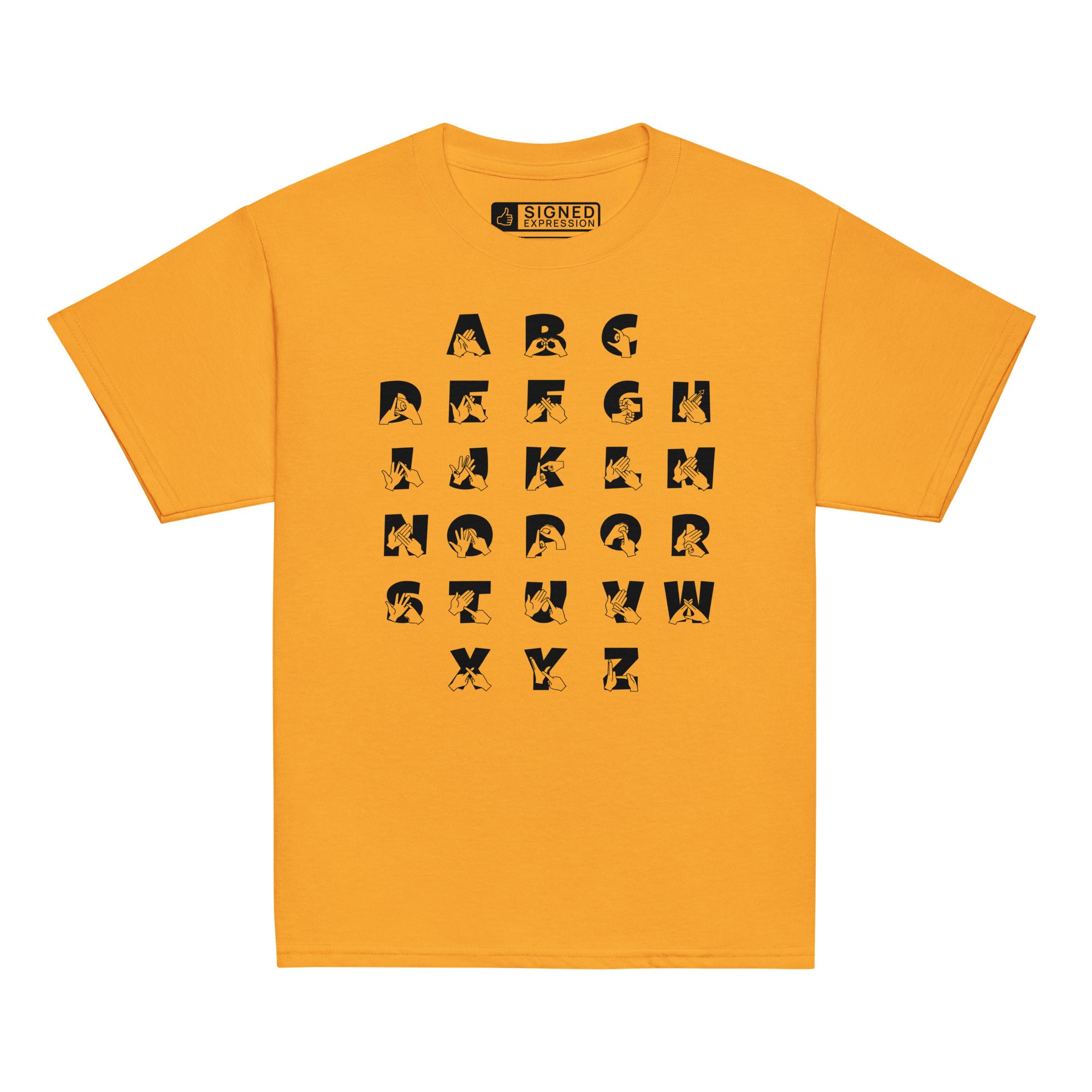 Front view of a gold t-shirt with BSL Alphabet - Black Fingerspelling & Text