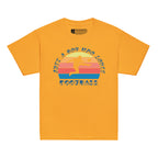Gold t-shirt with the phrase "Just a Boy Who Loves Football" in BSL Fingerspelling and text featuring a colourful retro sunset and a silhouette of a boy kicking a football.
