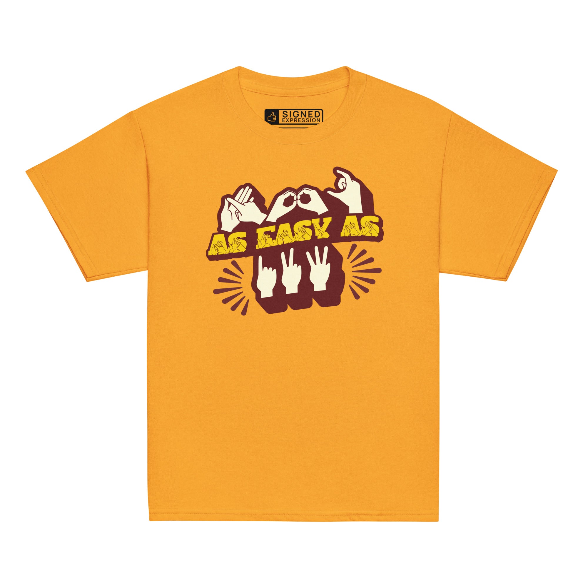 Gold T-Shirt with ‘ABC As Easy As 123’ in BSL fingerspelling and text characters