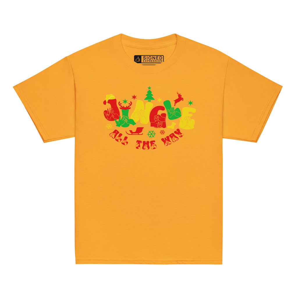Gold coloured Jingle All The Way kids t-shirt with BSL design.