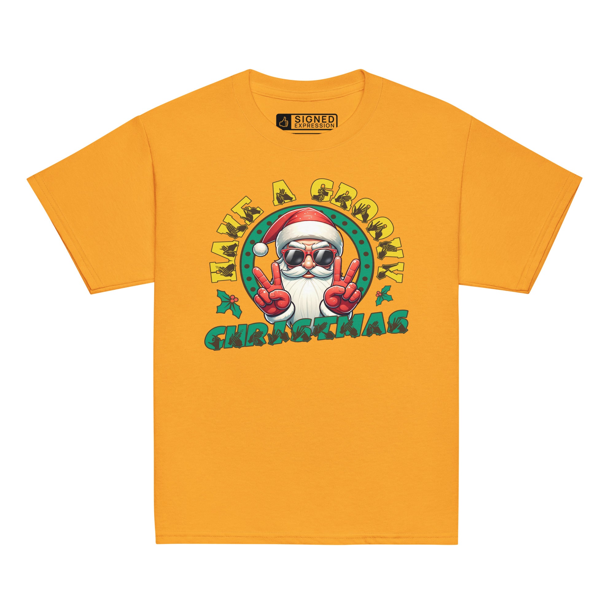 Gold coloured Have A Groovy Christmas kids t-shirt with BSL design.