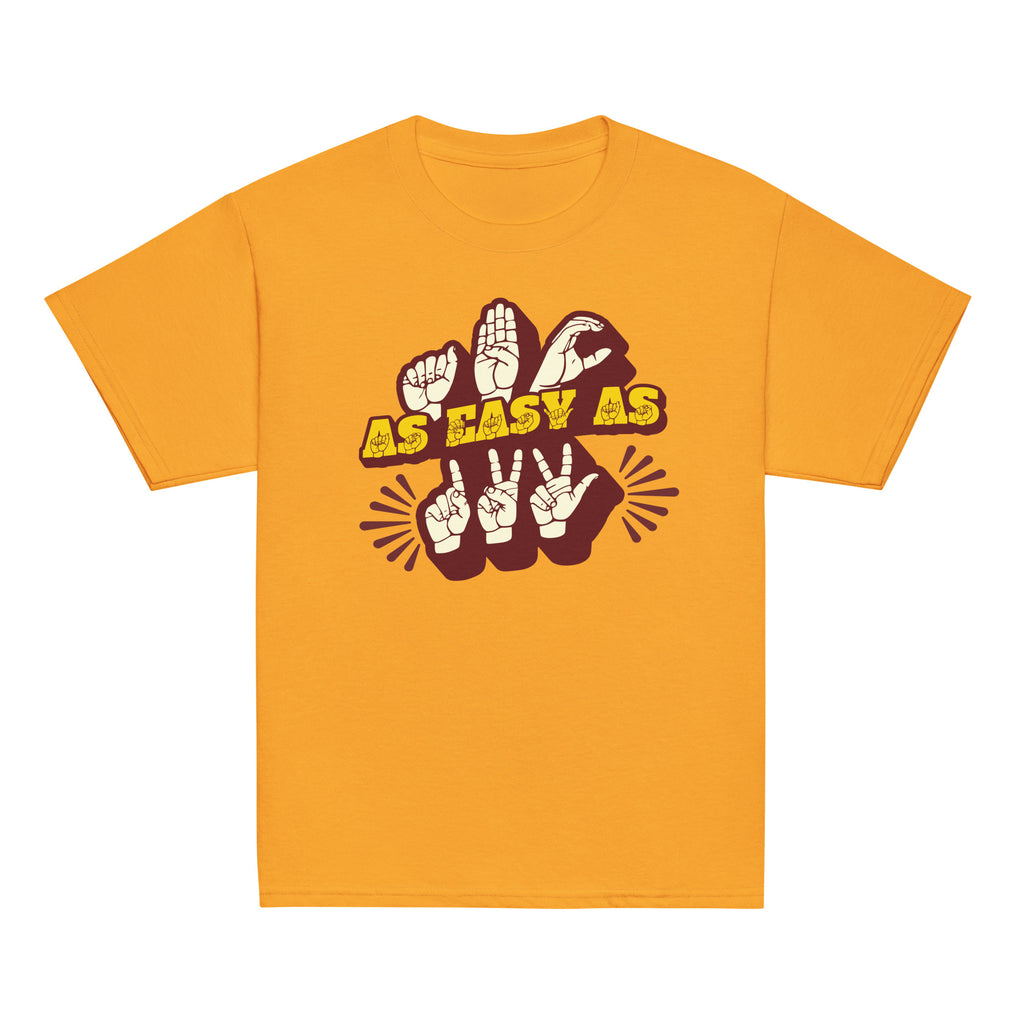 Gold T-Shirt with ‘ABC As Easy As 123’ in ASL fingerspelling and text characters