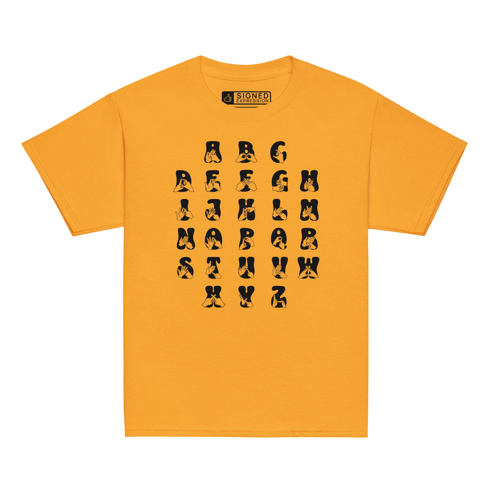 Front view of a gold t-shirt with BSL Alphabet - Black Fingerspelling & Text