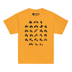 Front view of a gold t-shirt with BSL Alphabet - Black Fingerspelling