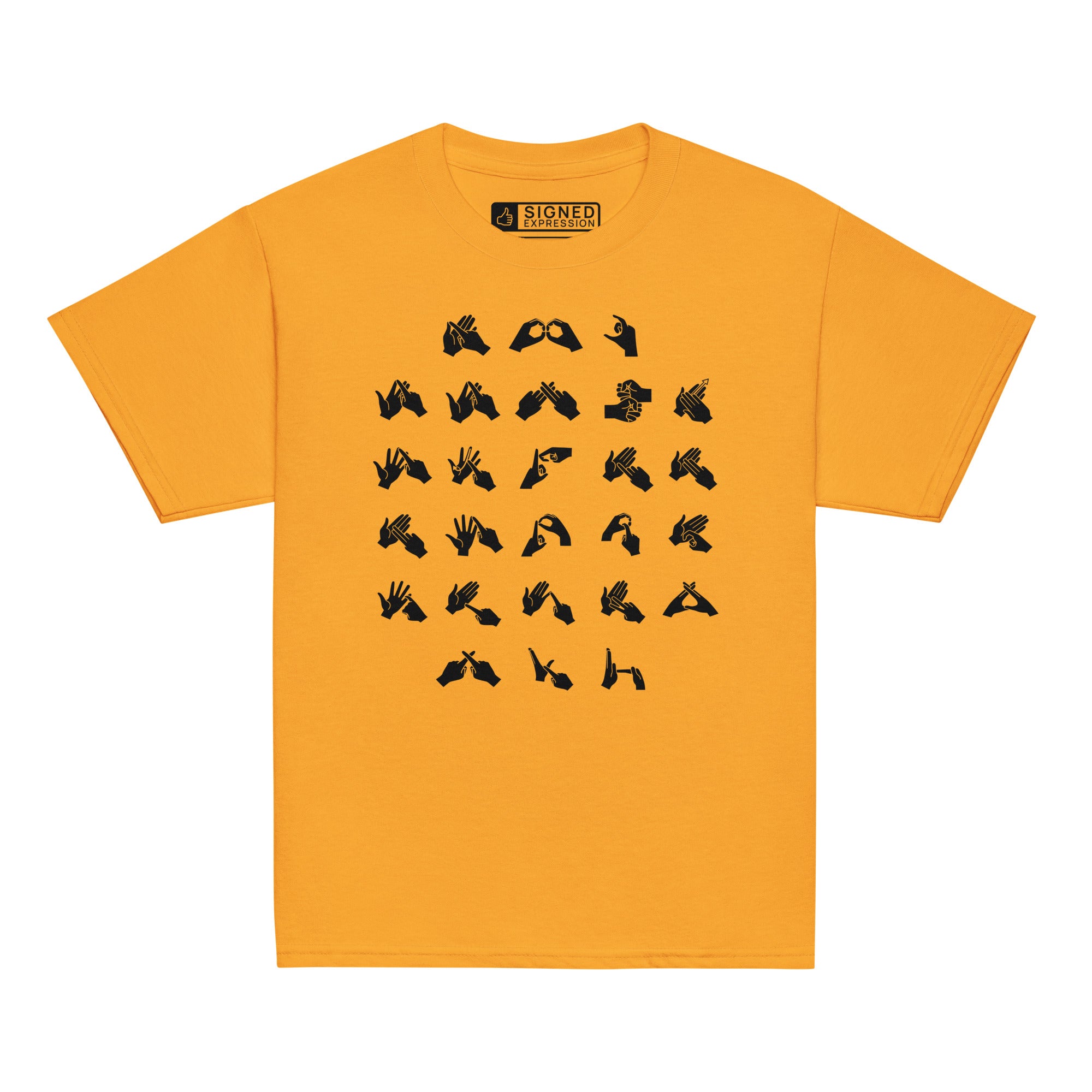 Front view of a gold t-shirt with BSL Alphabet - Black Fingerspelling