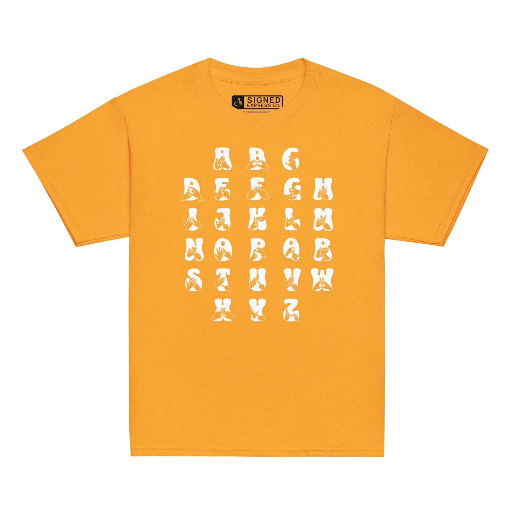 Front view of a gold t-shirt with BSL Alphabet - White Fingerspelling & Text