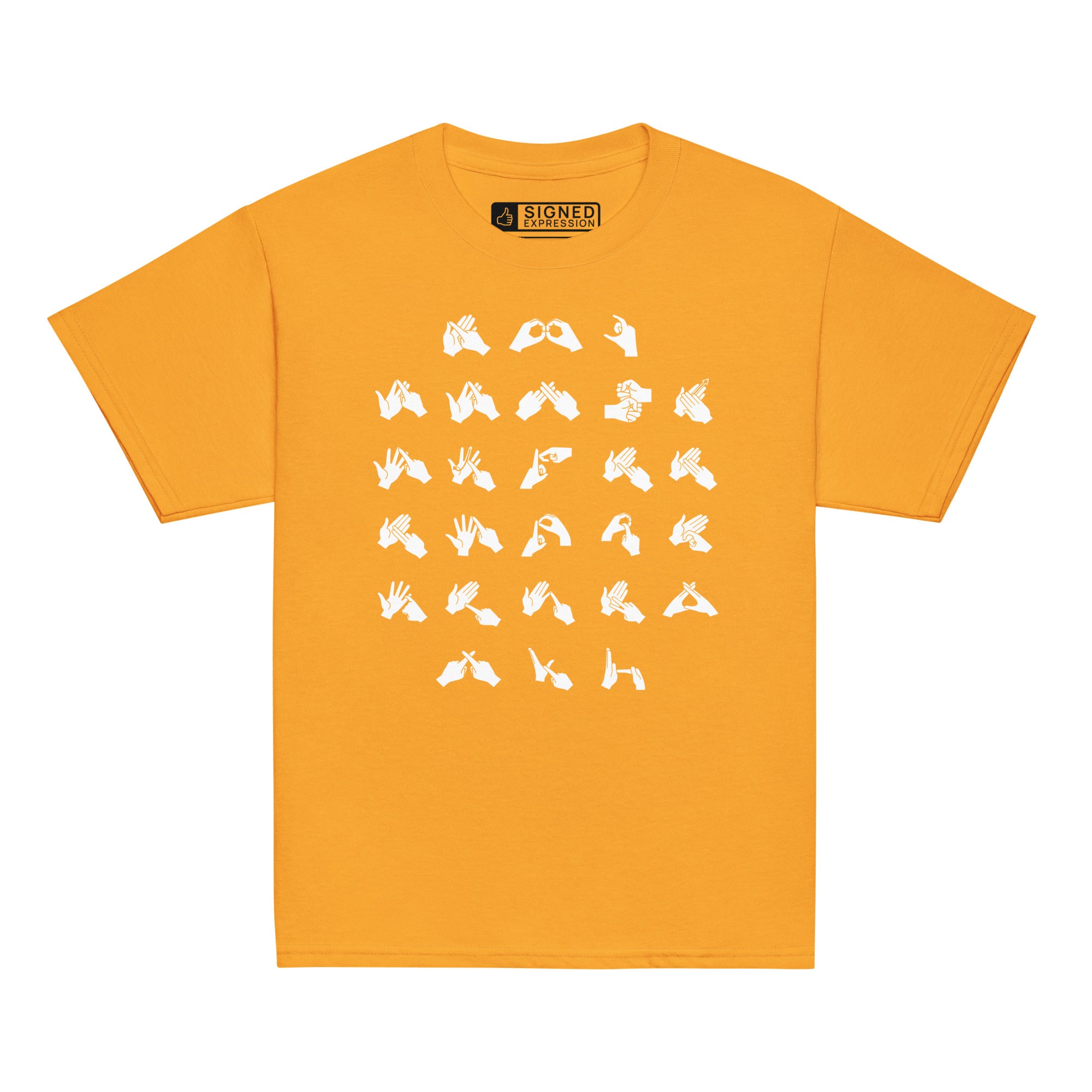 Front view of a gold t-shirt with BSL Alphabet - White Fingerspelling