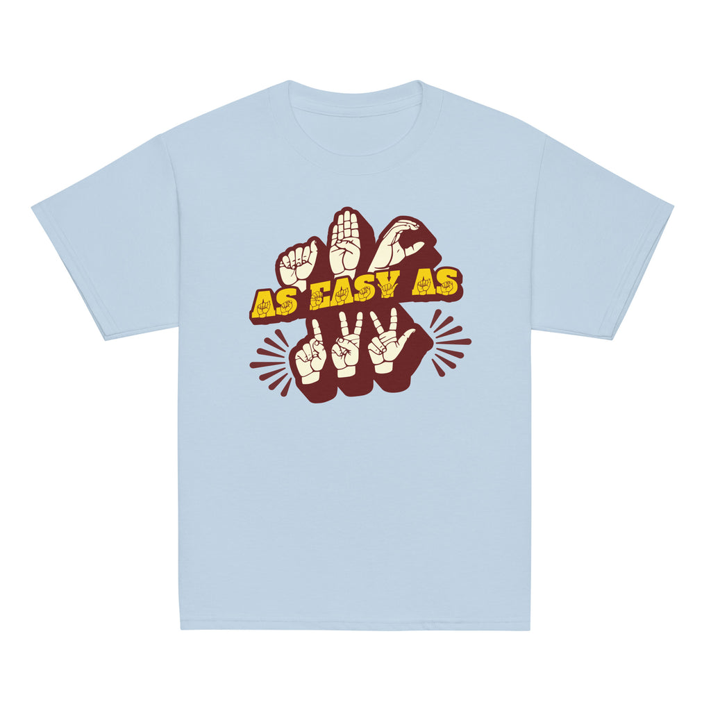 Light blue T-Shirt with ‘ABC As Easy As 123’ in ASL fingerspelling and text characters