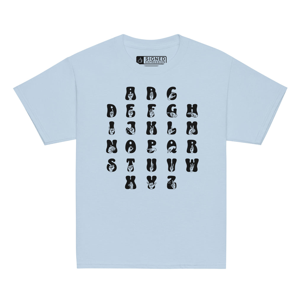 Front view of a light blue t-shirt with ASL Alphabet - Black Fingerspelling & Text