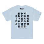 Front view of a light blue t-shirt with ASL Alphabet - Black Fingerspelling & Text