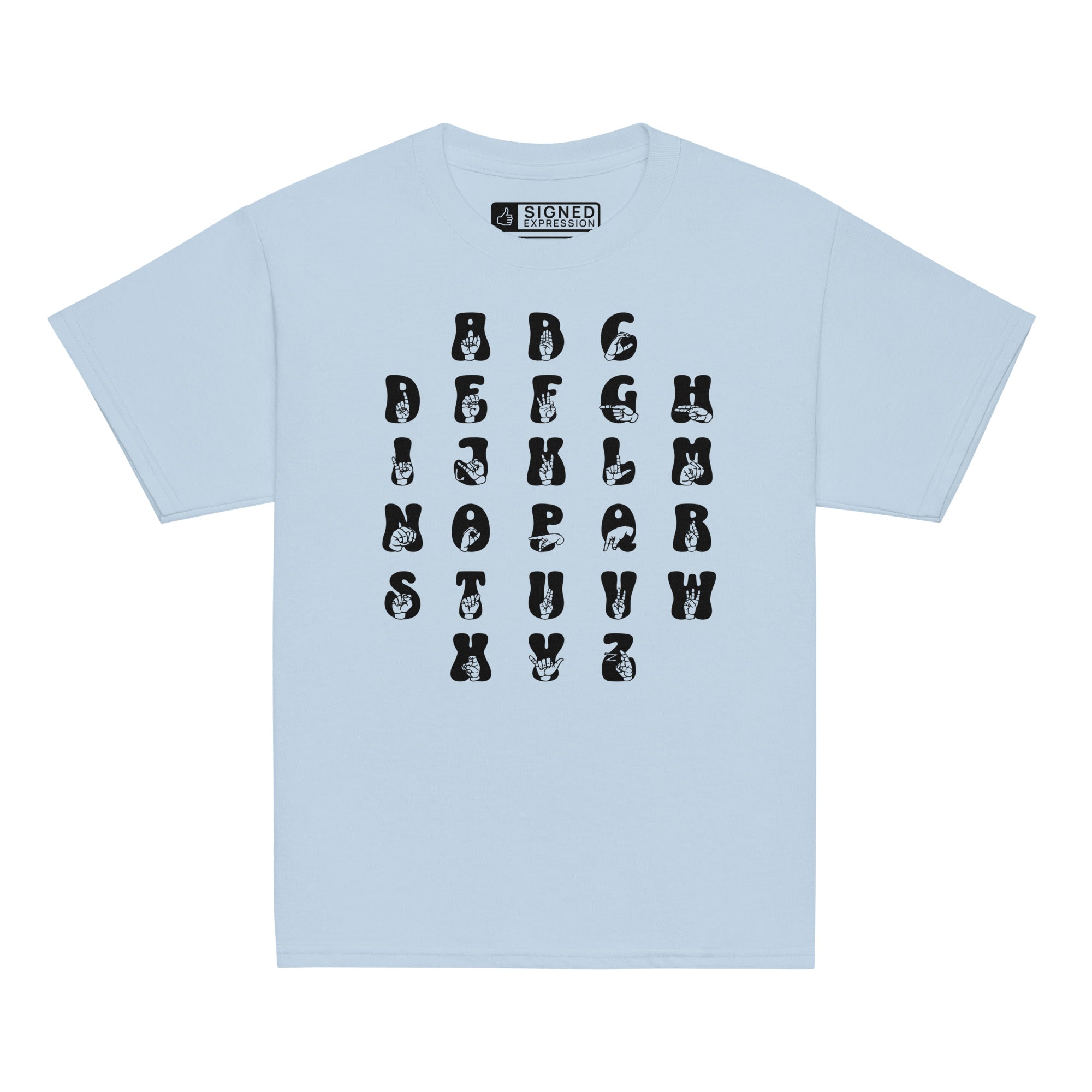 Front view of a light blue t-shirt with ASL Alphabet - Black Fingerspelling & Text