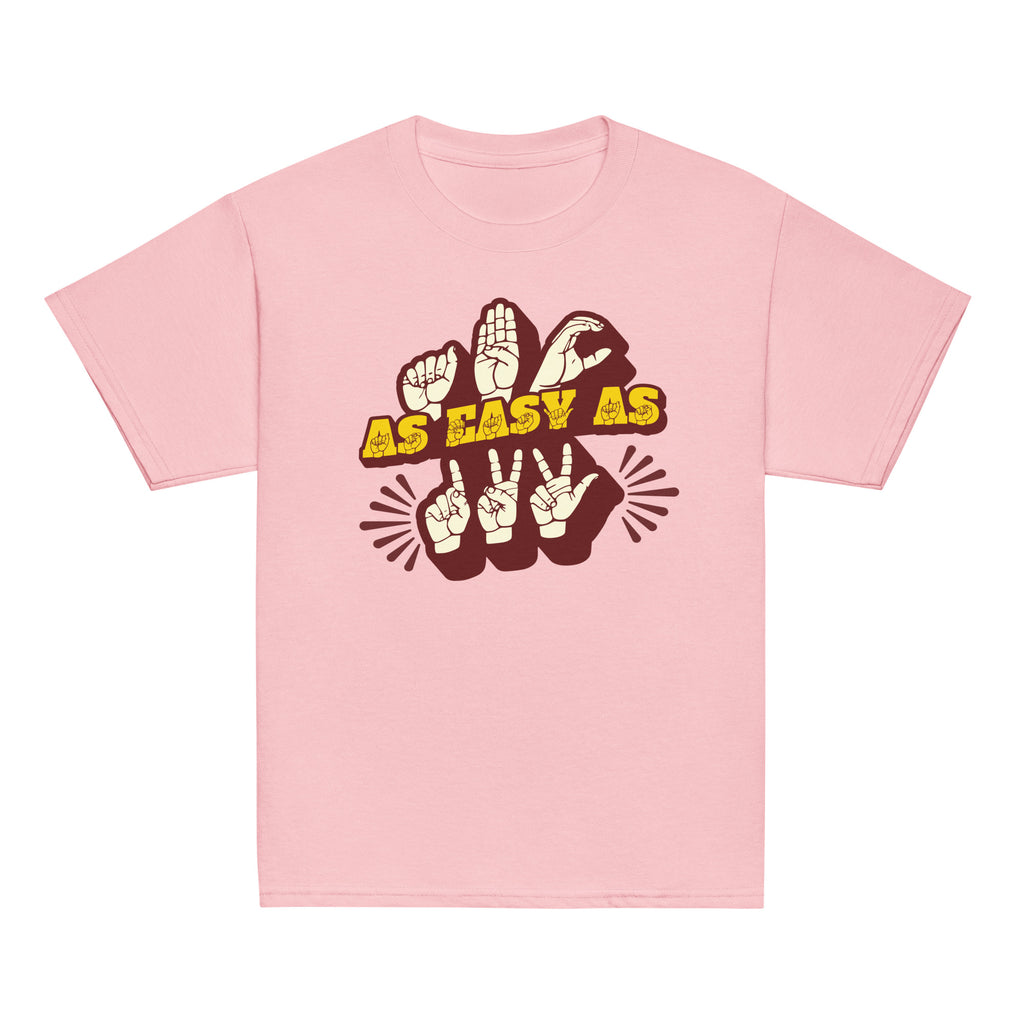 Light pink T-Shirt with ‘ABC As Easy As 123’ in ASL fingerspelling and text characters