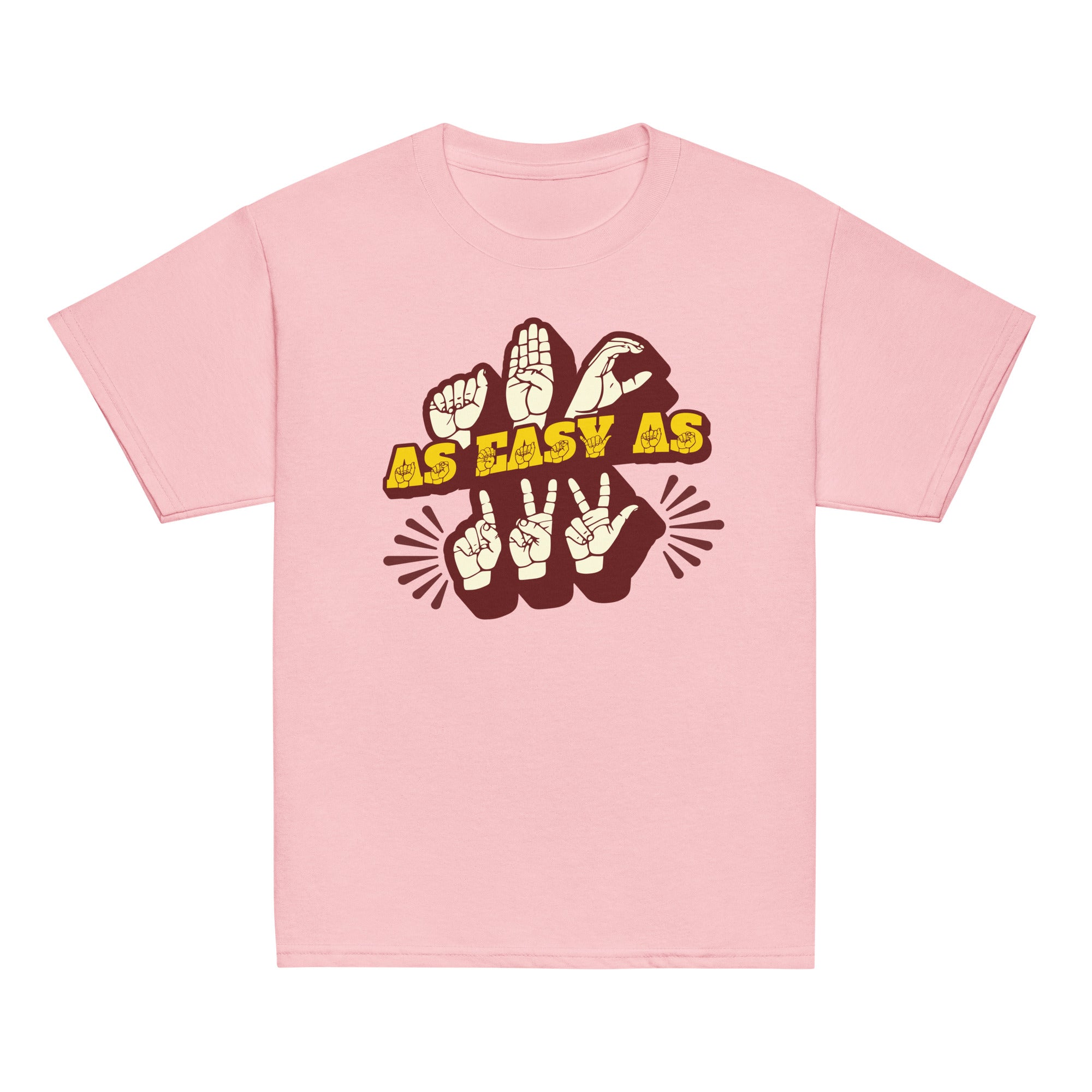 Light pink T-Shirt with ‘ABC As Easy As 123’ in ASL fingerspelling and text characters