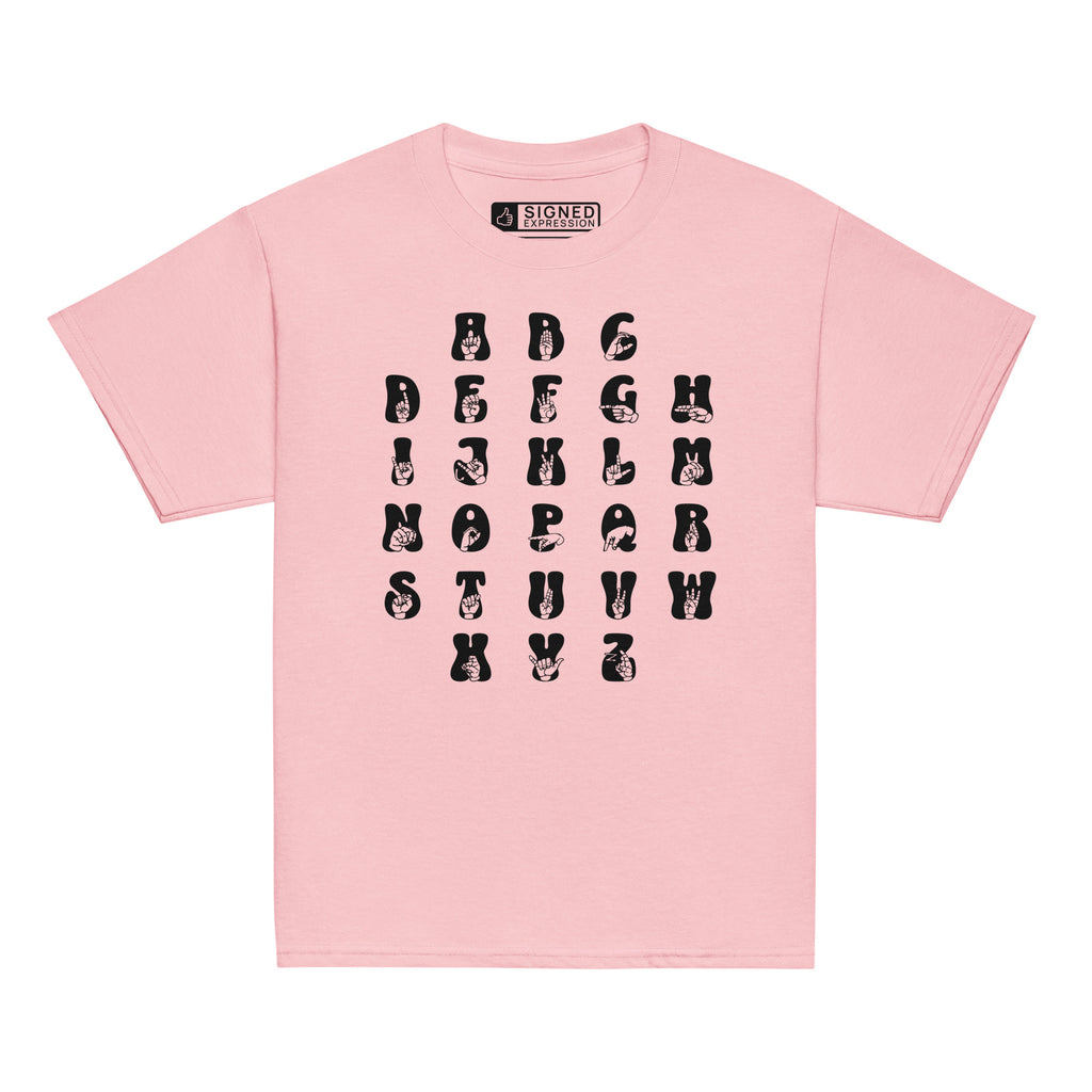 Front view of a light pink t-shirt with ASL Alphabet - Black Fingerspelling & Text