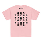 Front view of a light pink t-shirt with ASL Alphabet - Black Fingerspelling & Text