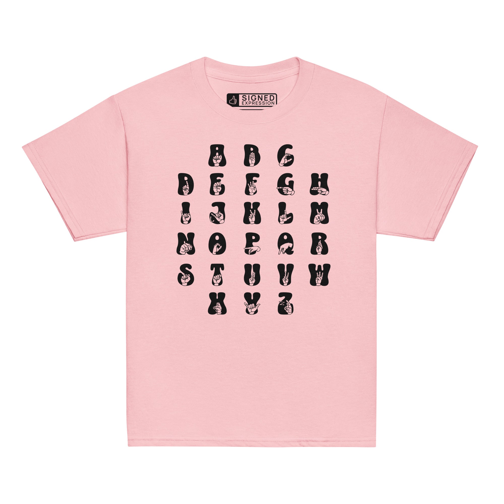 Front view of a light pink t-shirt with ASL Alphabet - Black Fingerspelling & Text