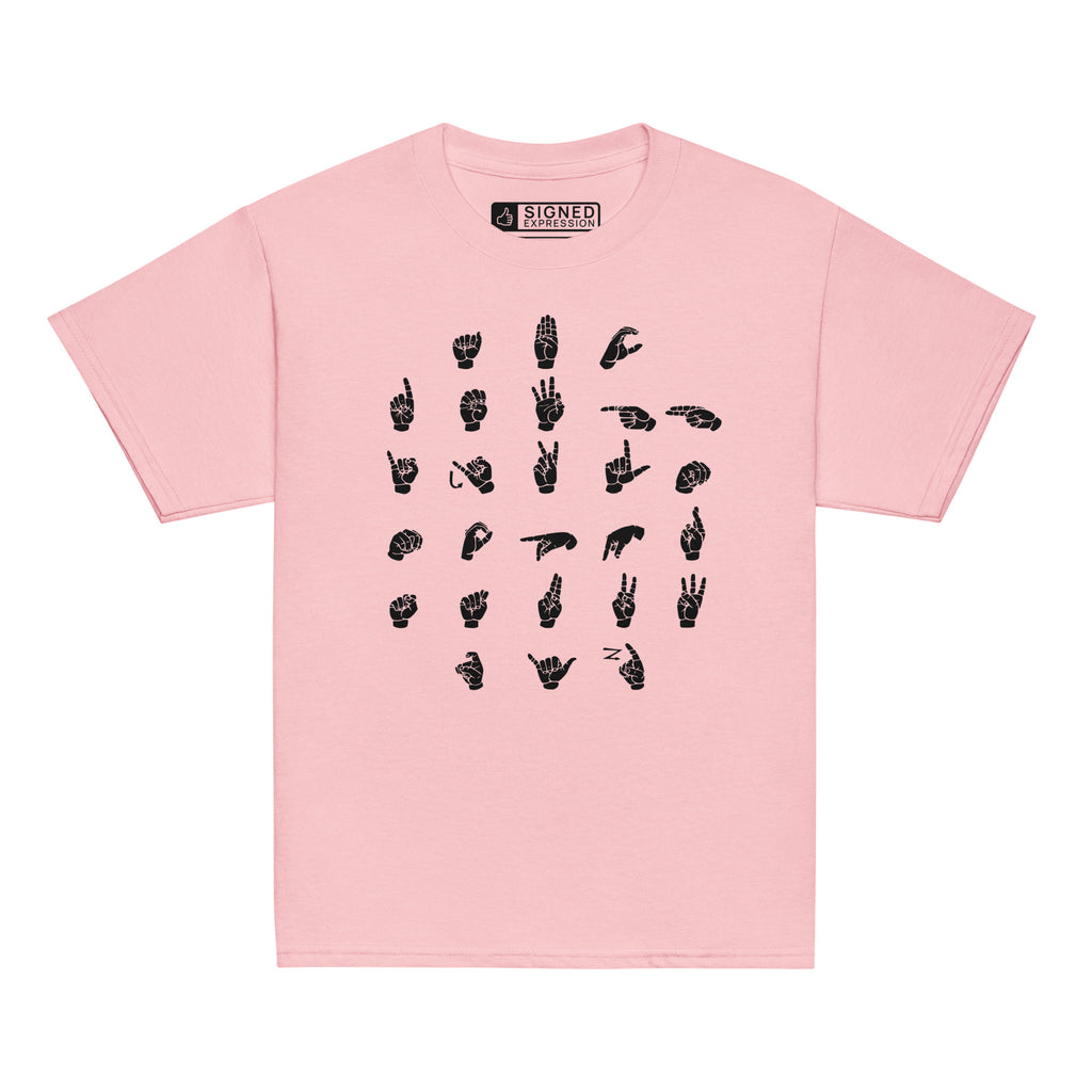 Front view of a light pink t-shirt with ASL Alphabet - Black Fingerspelling