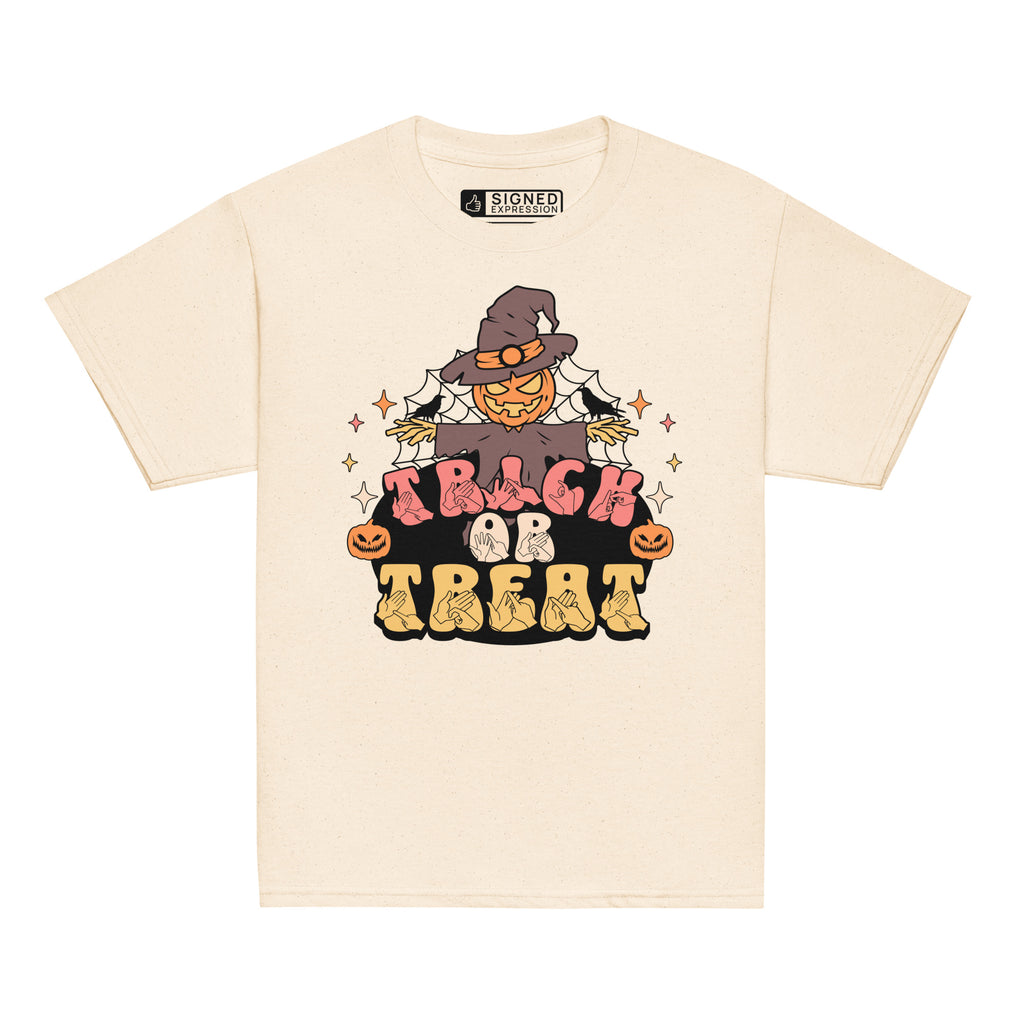 Natural coloured kids Halloween scarecrow trick or treat t-shirt with BSL design.