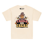 Natural coloured kids Halloween scarecrow trick or treat t-shirt with BSL design.
