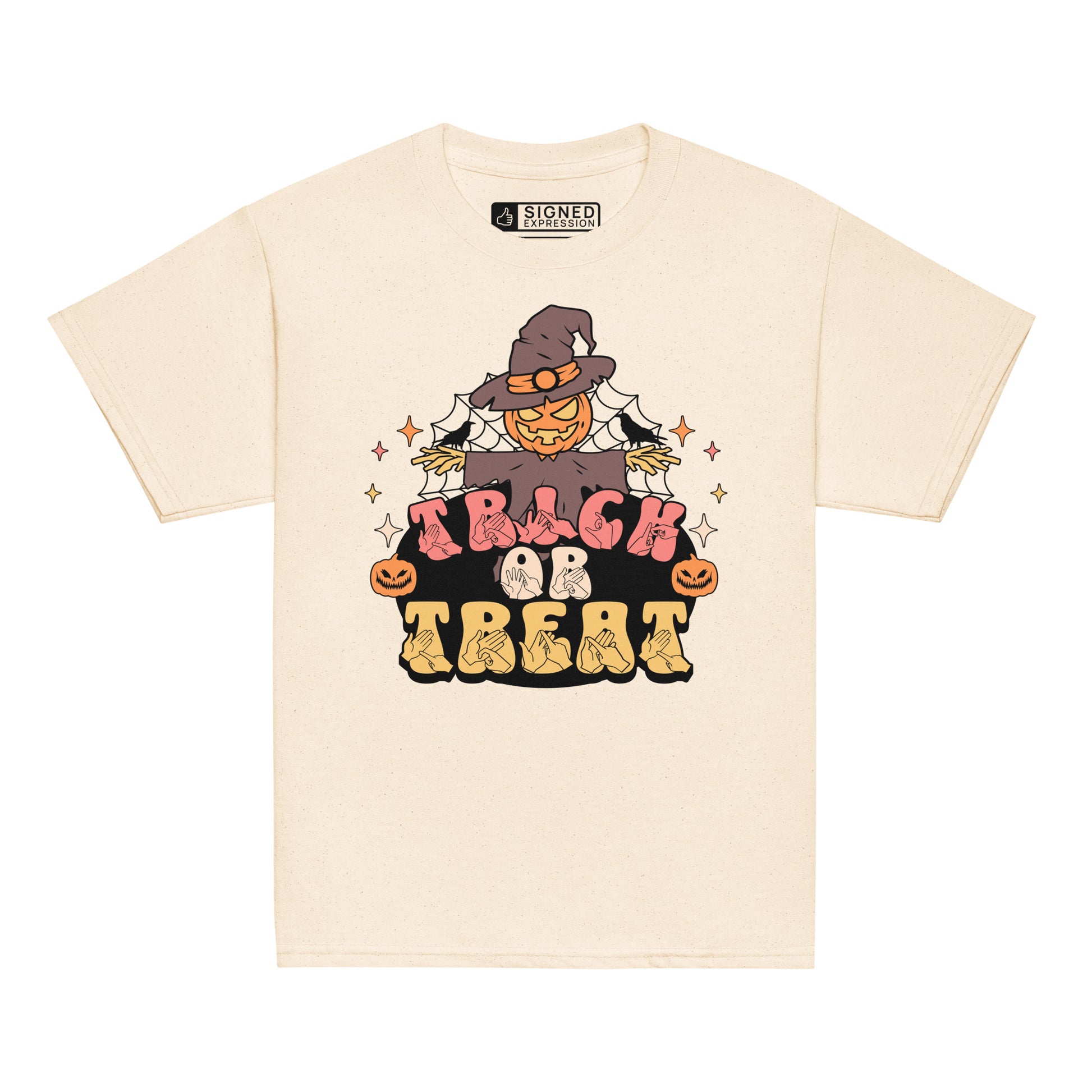 Natural coloured kids Halloween scarecrow trick or treat t-shirt with BSL design.