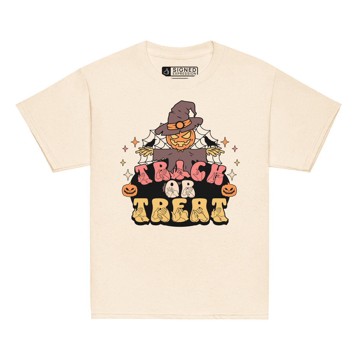 Natural coloured kids Halloween scarecrow trick or treat t-shirt with BSL design.