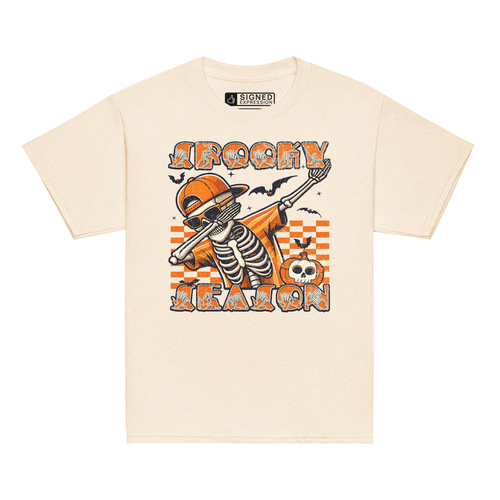 Natural coloured Kids Halloween skeleton dab t-shirt with BSL spooky season design.