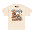 Natural coloured Kids Halloween skeleton dab t-shirt with BSL spooky season design.