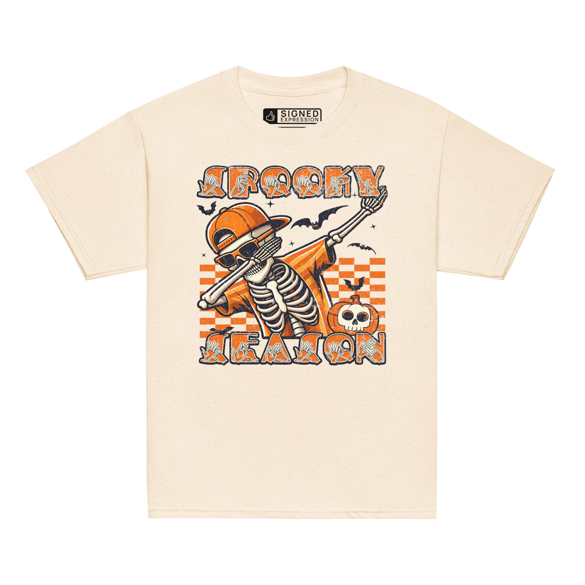 Natural coloured Kids Halloween skeleton dab t-shirt with BSL spooky season design.