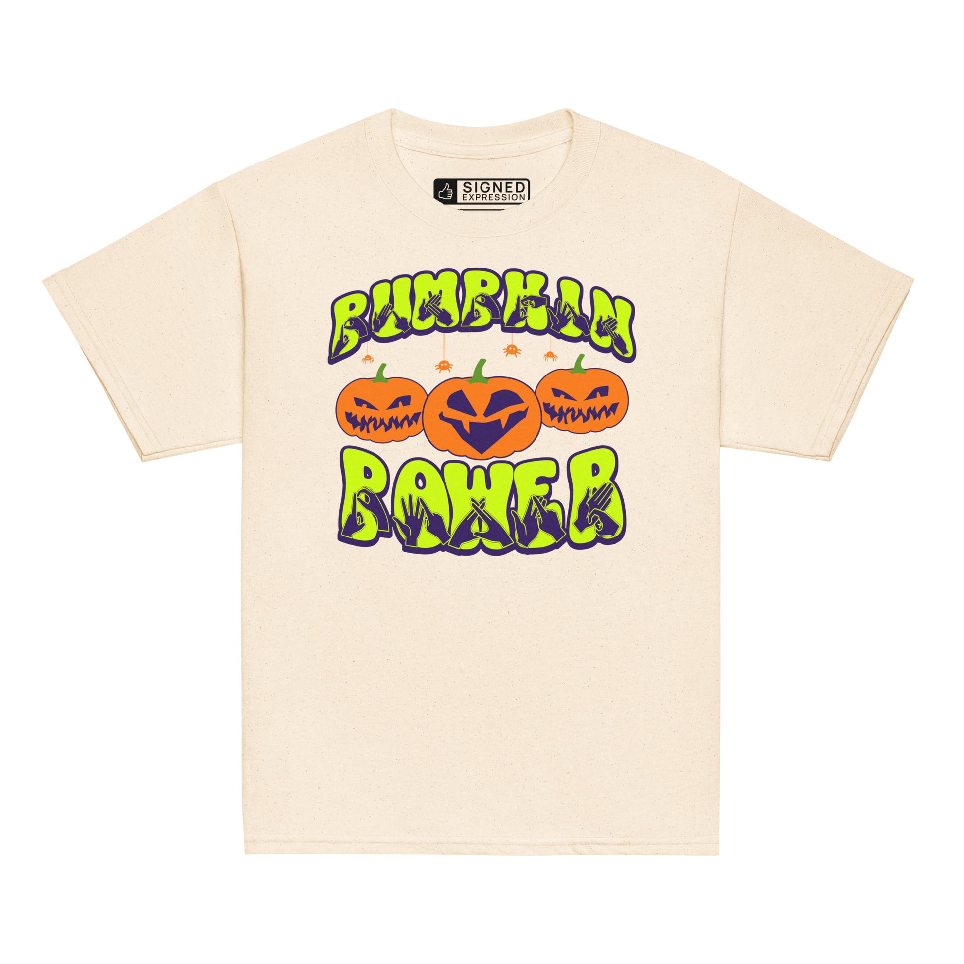 Natural coloured kids pumpkin power Halloween t-shirt with BSL design.