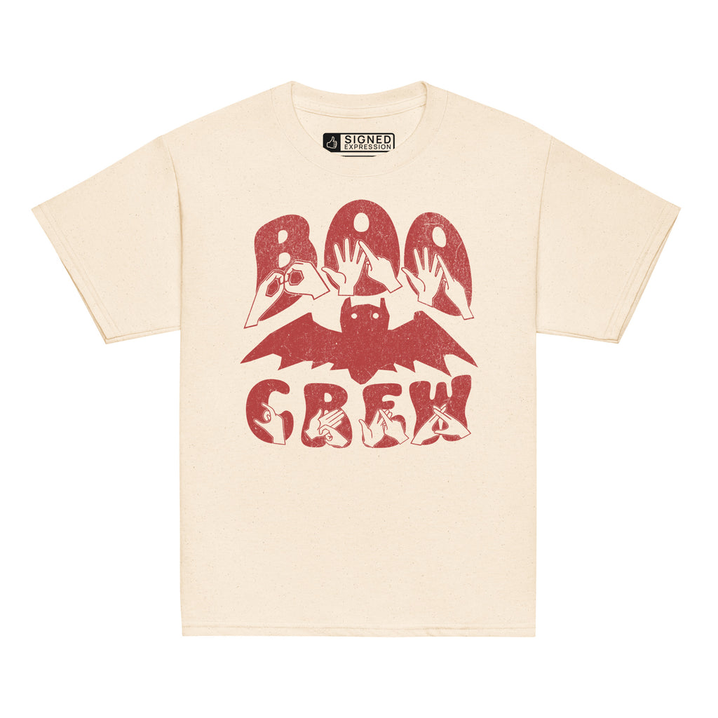 Natural coloured kids Boo Crew bat Halloween t-shirt with BSL design.