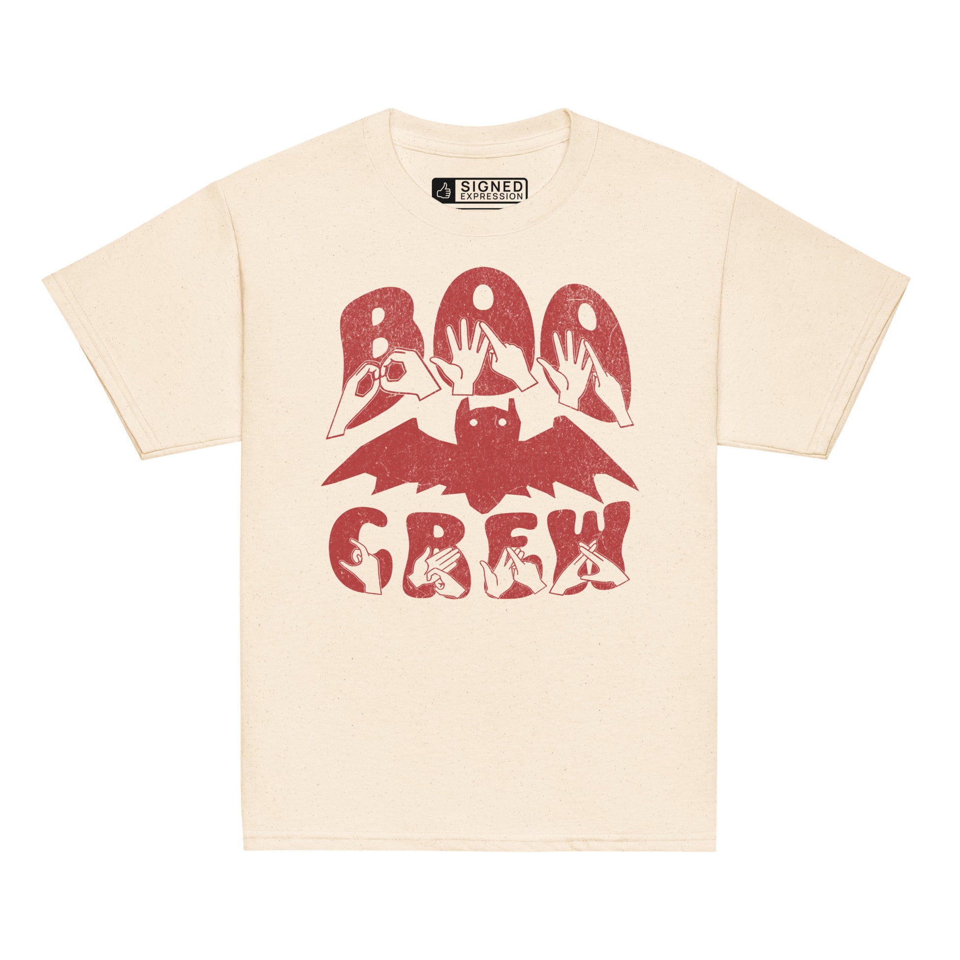 Natural coloured kids Boo Crew bat Halloween t-shirt with BSL design.