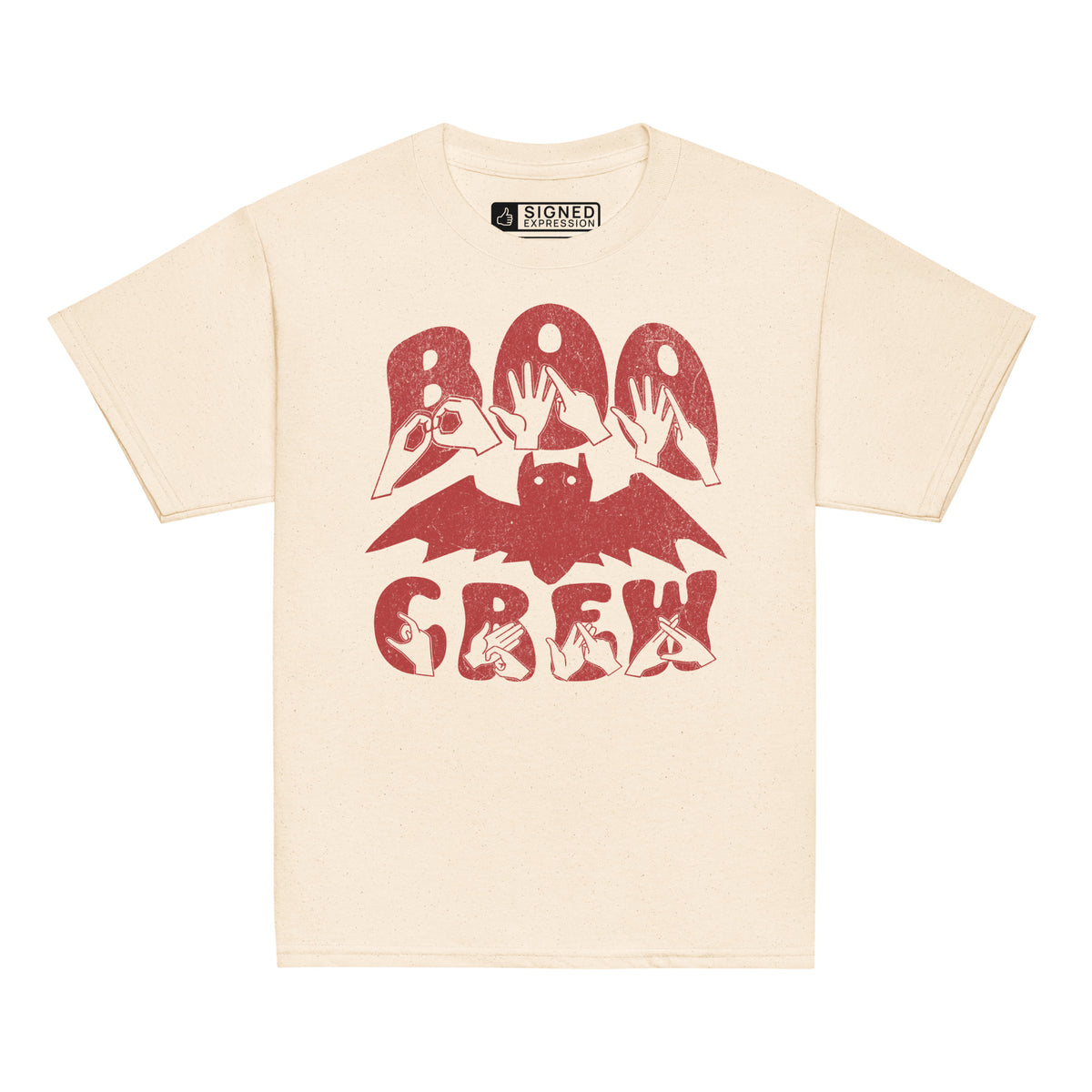 Natural coloured kids Boo Crew bat Halloween t-shirt with BSL design.