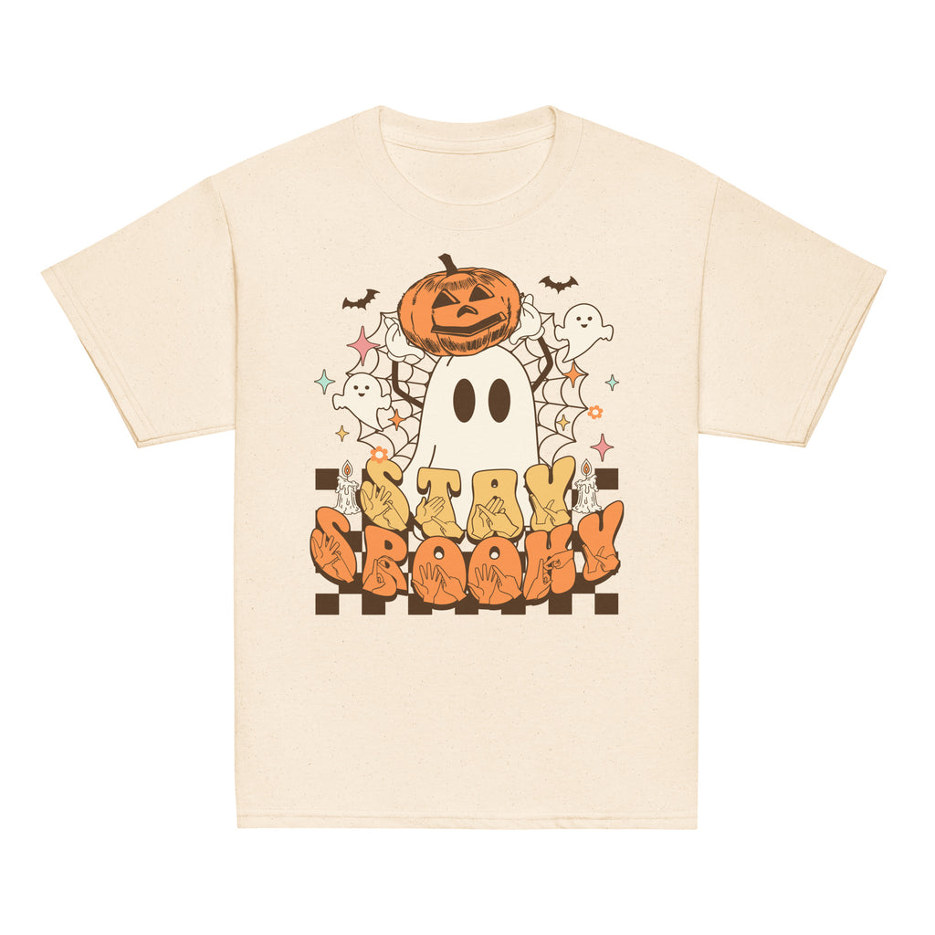 Natural coloured kids Stay Spooky ghost pumpkin Halloween t-shirt with BSL design.
